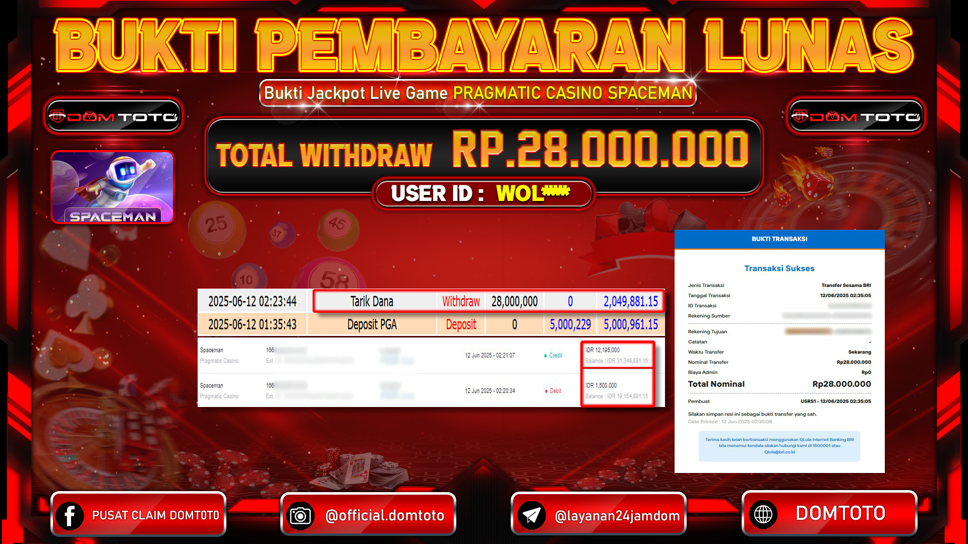 JACKPOT LIVEGAME SPACEMAN 12  JUNI 2025